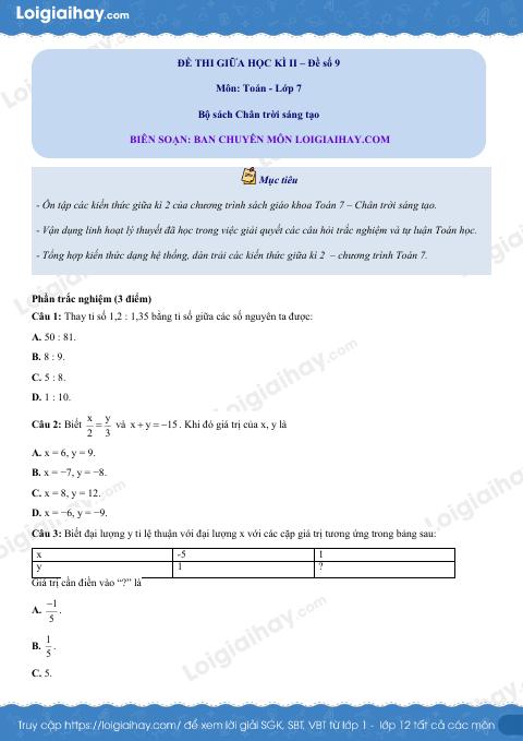 Đề thi giữa kì 2 Toán 7 Chân trời sáng tạo - Đề số 9